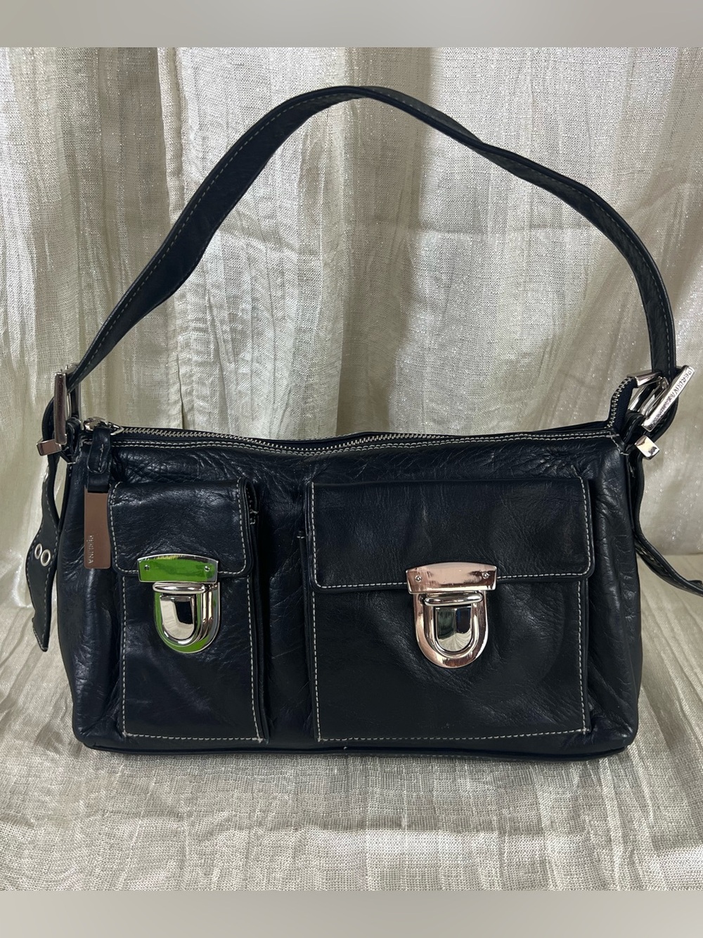 Perlina Y2K Black Leather East West Shoulder Bag Utility Pocket Purse
